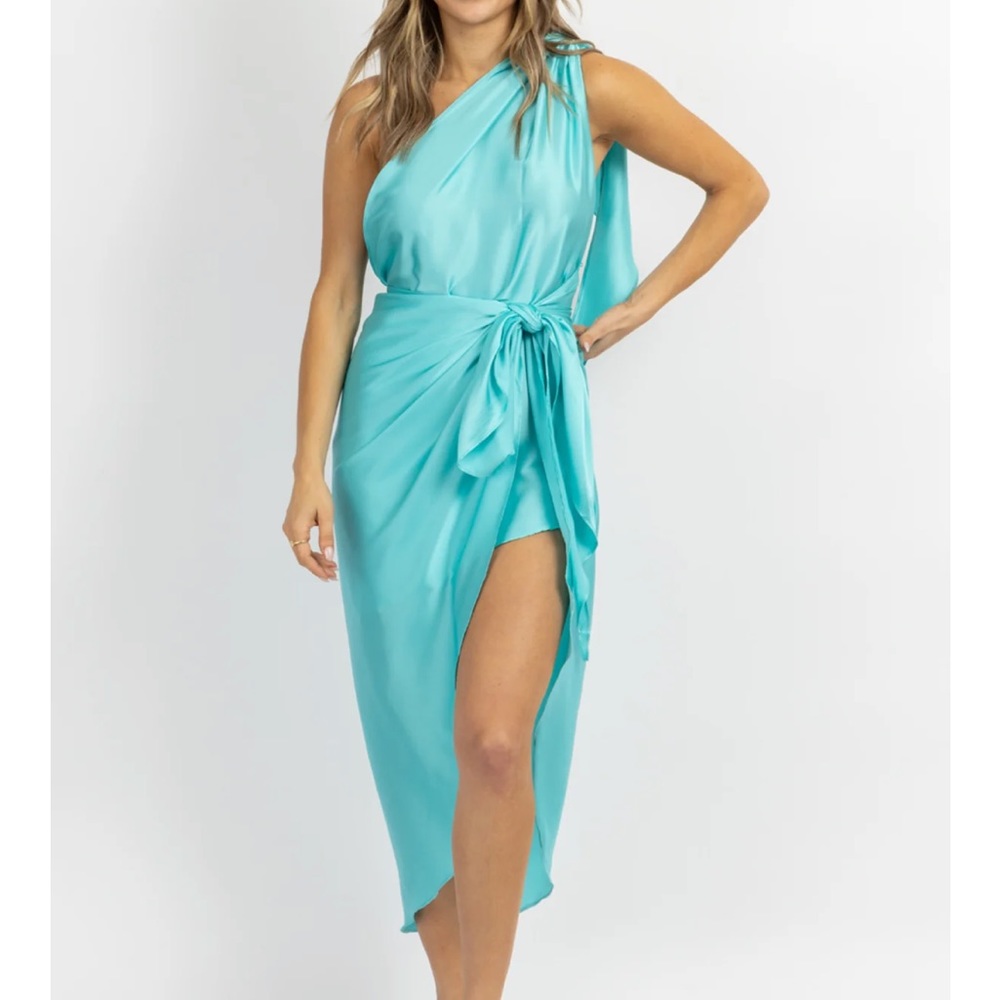 LABEYE TURQUOISE SATIN ONE SHOULDER WRAP DRESS